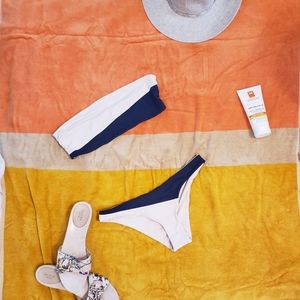 Tavik Bandeau Navy and Cream Bikini Large Moderate Coverage Made in the USA